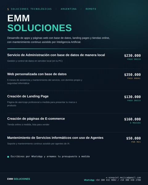 Flyer de EMM Soluciones: sistemas de ventas, POS, CRM y apps a medida