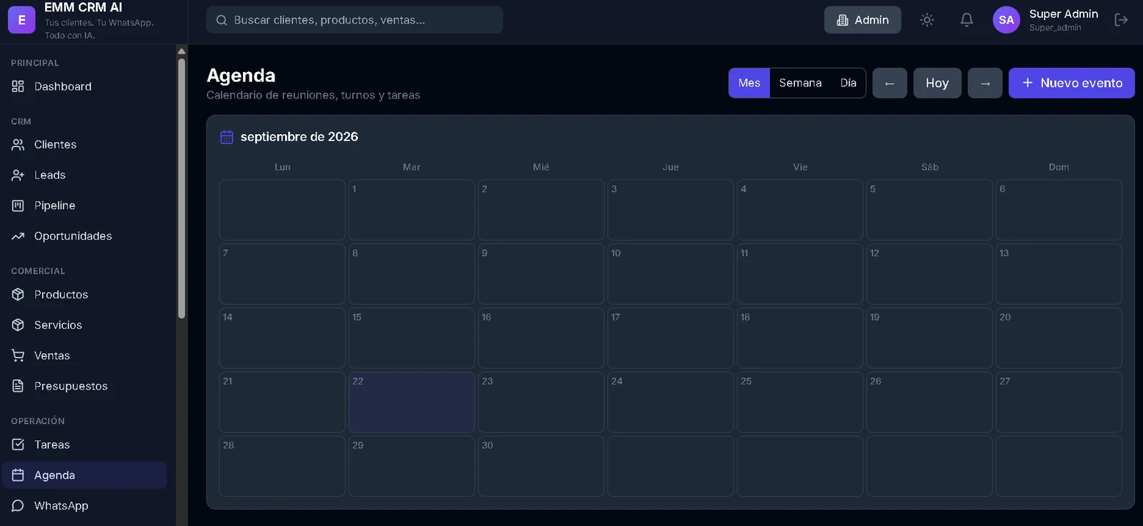 Agenda del CRM con calendario de turnos y tareas
