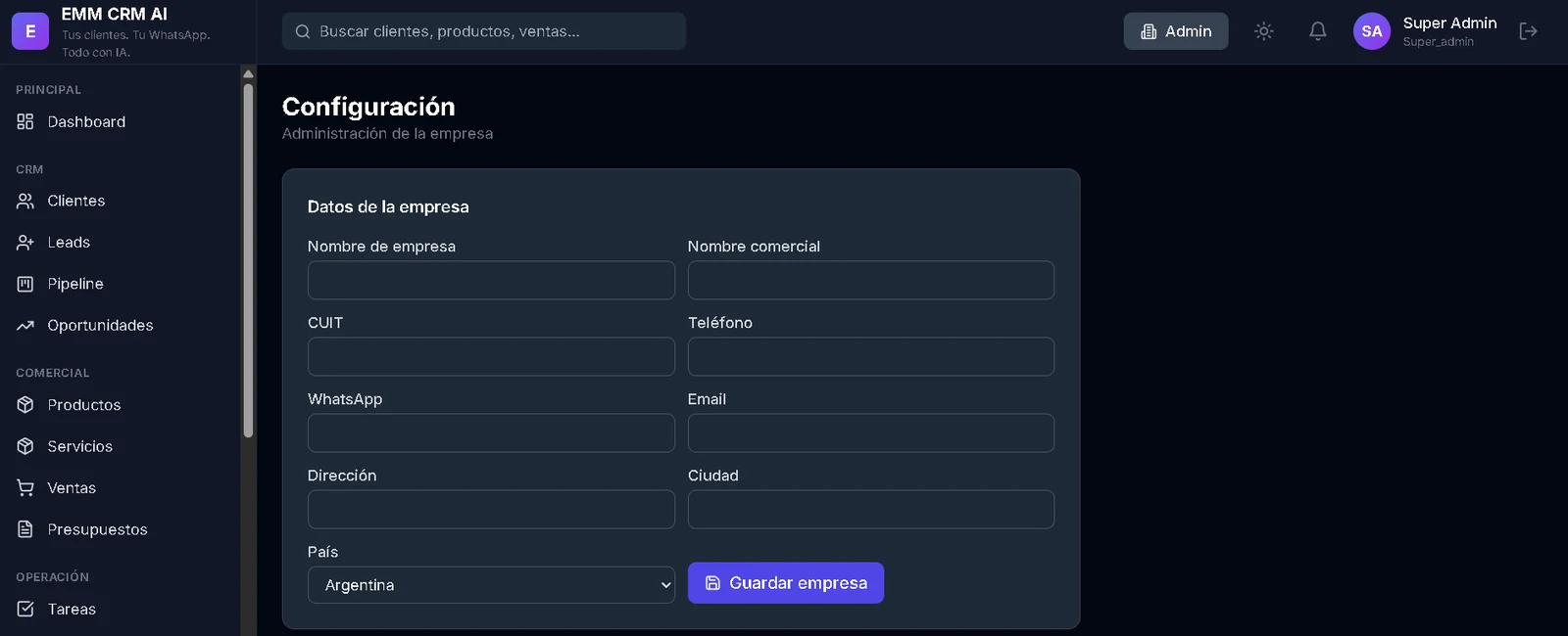 Pantalla de configuración del CRM para ajustar el comportamiento del sistema