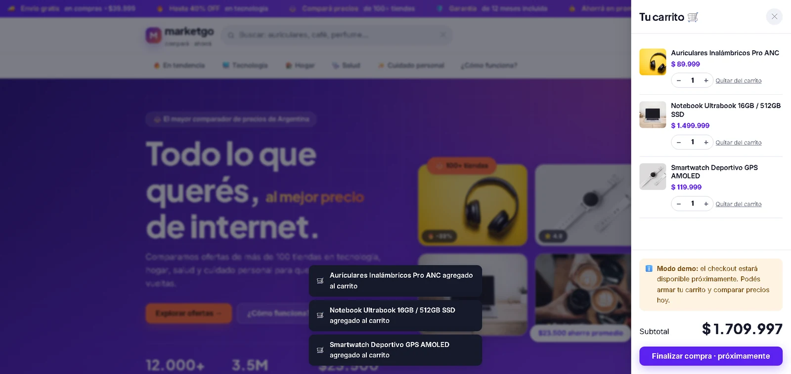 Carrito de compras lateral de la tienda online de ejemplo