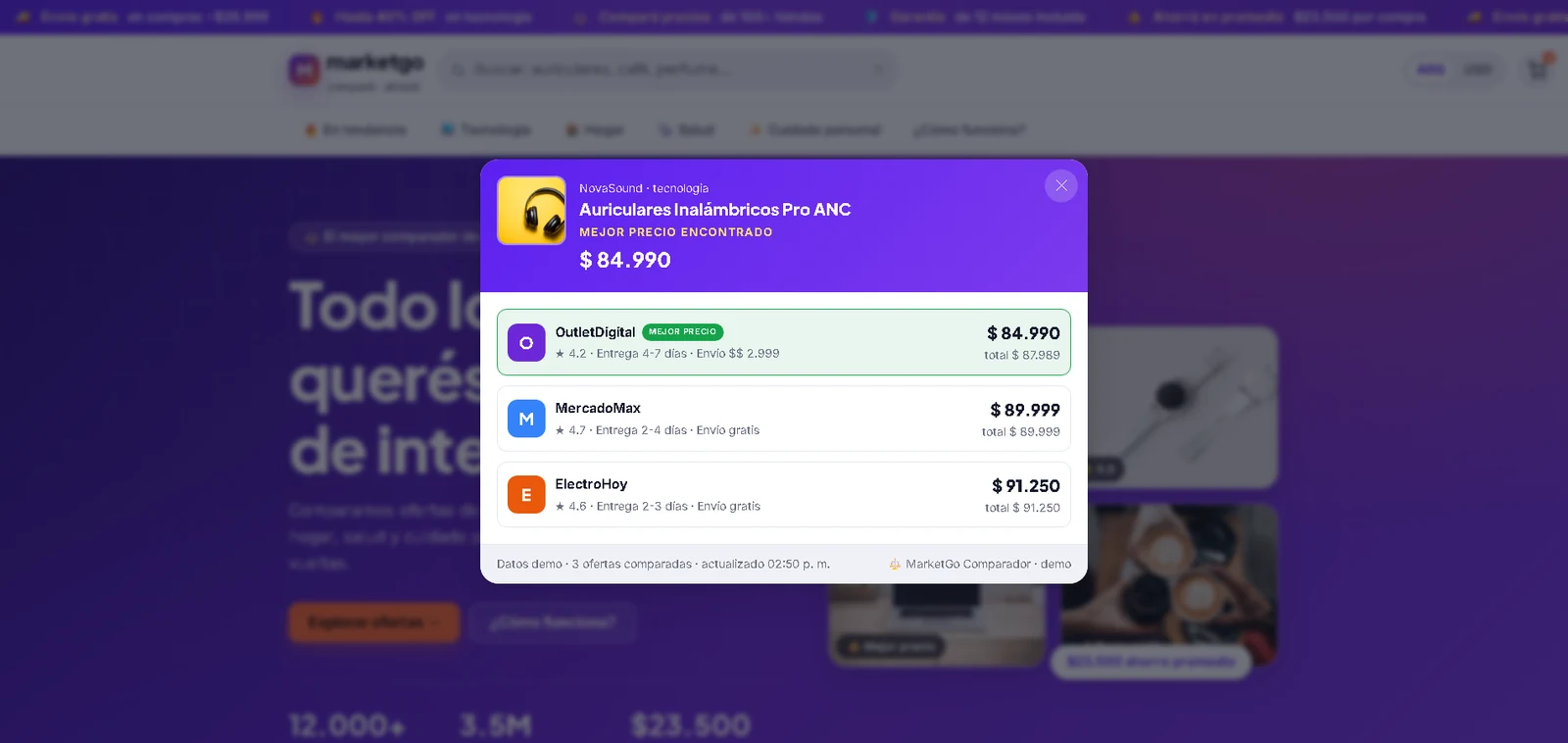 Comparador de precios entre tiendas de la tienda online de ejemplo