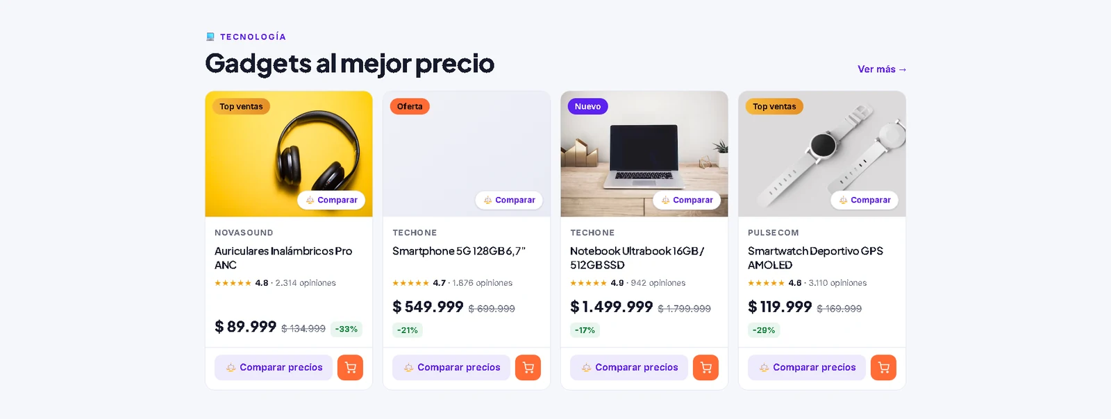 Grilla de productos con precios en la tienda online de ejemplo