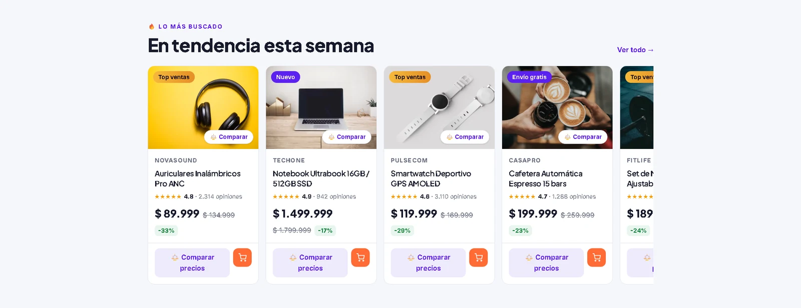 Fila de productos en tendencia de la tienda online de ejemplo