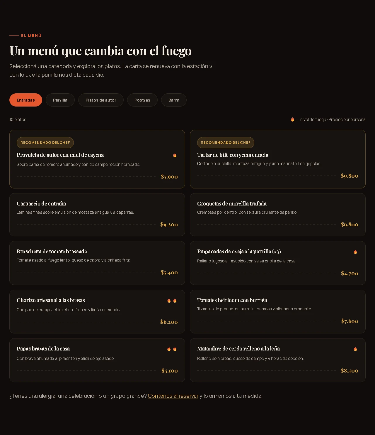 Carta del restaurante con platos y precios en la landing de ejemplo