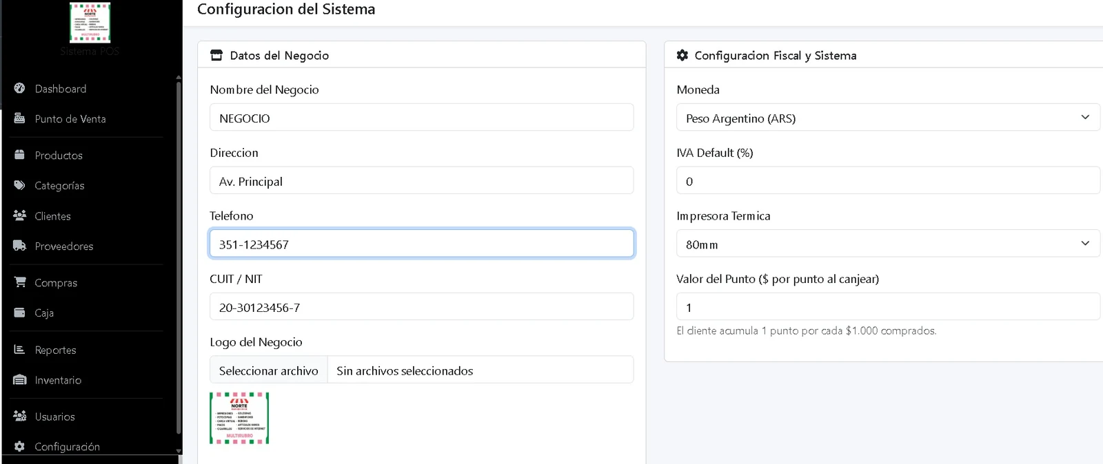 Configuración del negocio en el sistema POS