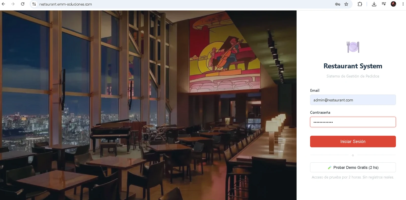 Login del sistema de restaurante con demo gratuita
